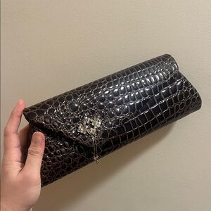Elegant Black Crocodile Embossed Clutch